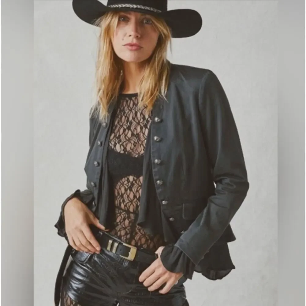 Free People Ruffled Military Romantic Jacket XS Washed Black - Picture 1 of 11